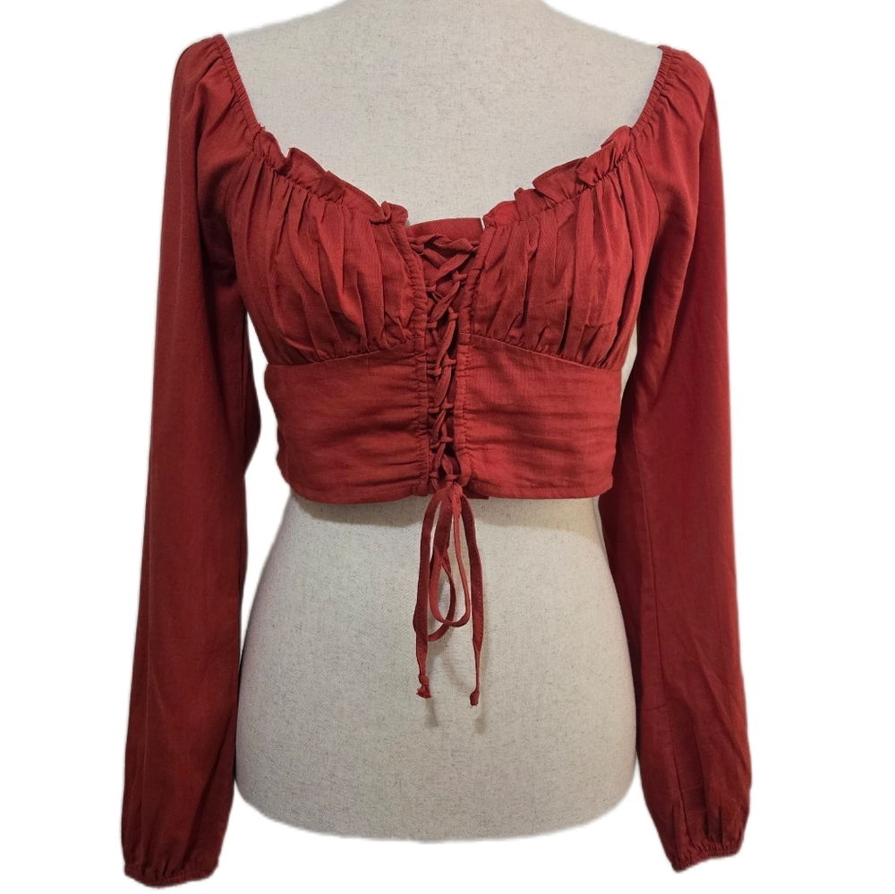 LA Hearts Rust Burnt Orange Milkmaid Crop Top Puff Sleeve Lace Up Front Medium